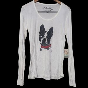 PJ Salvage White Long Sleeve Top with Boston Terrier Dog Graphic